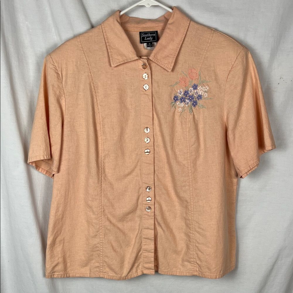 Vintage Southern Lady Salmon Blouse with Floral Embroidery Linen Blend